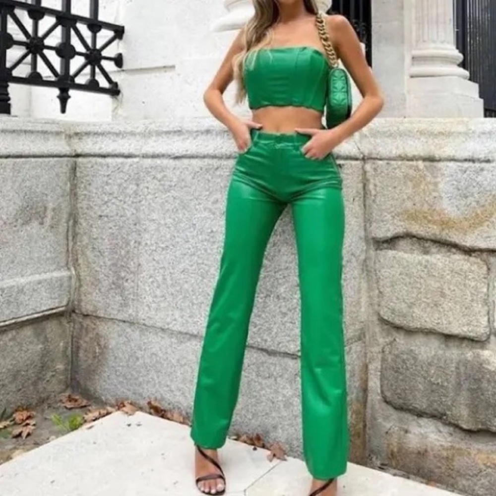 Zara Strapless Bustier Crop Top in Green Vegan Leather - Picture 3 of 9